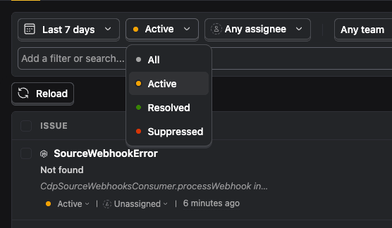 Error tracking filter by issue status