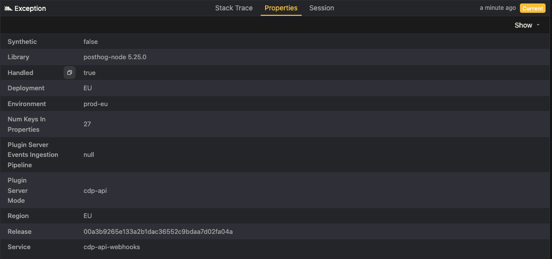 Error tracking event properties