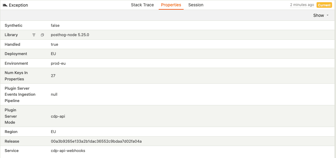 Error tracking event properties