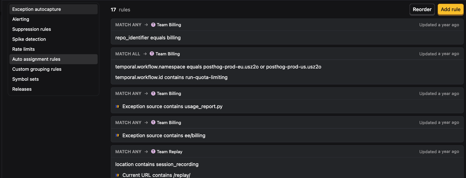 List of auto assignment rules