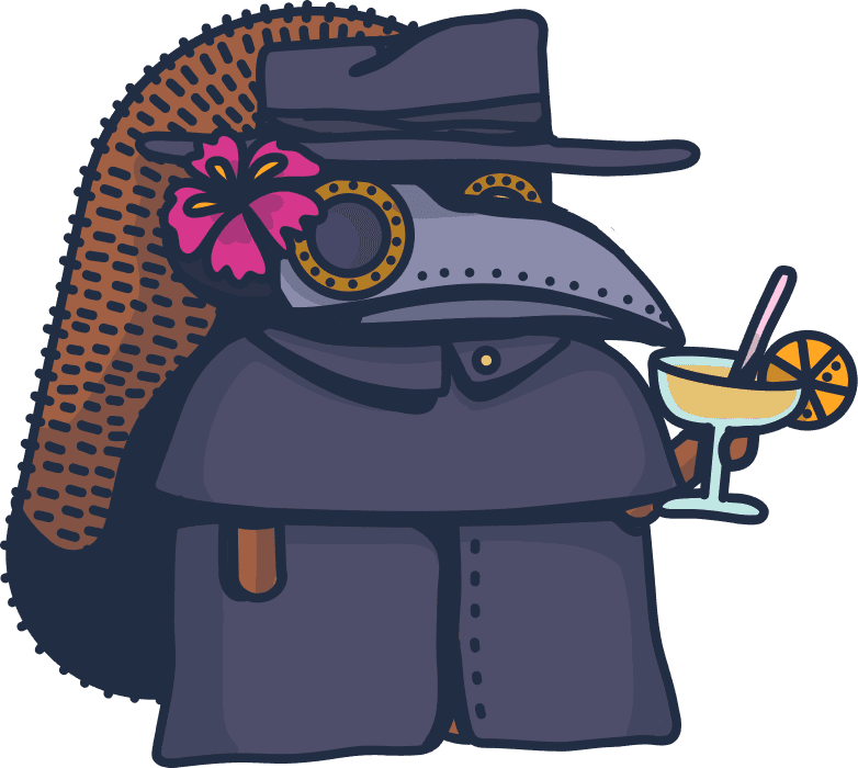 A plague doctor relaxing on a beach