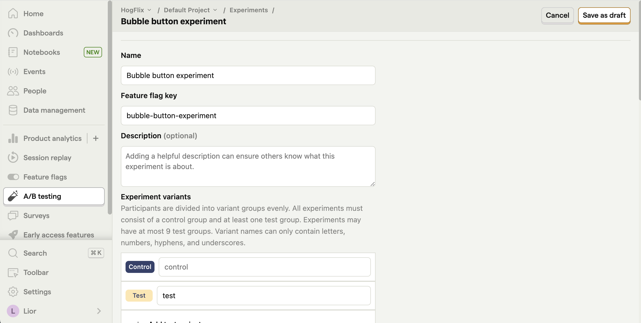 Experiment setup in PostHog