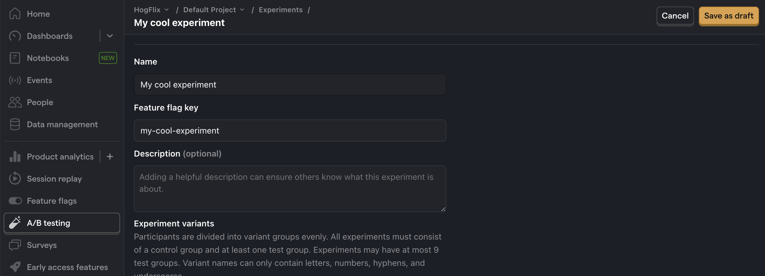 Experiment setup in PostHog