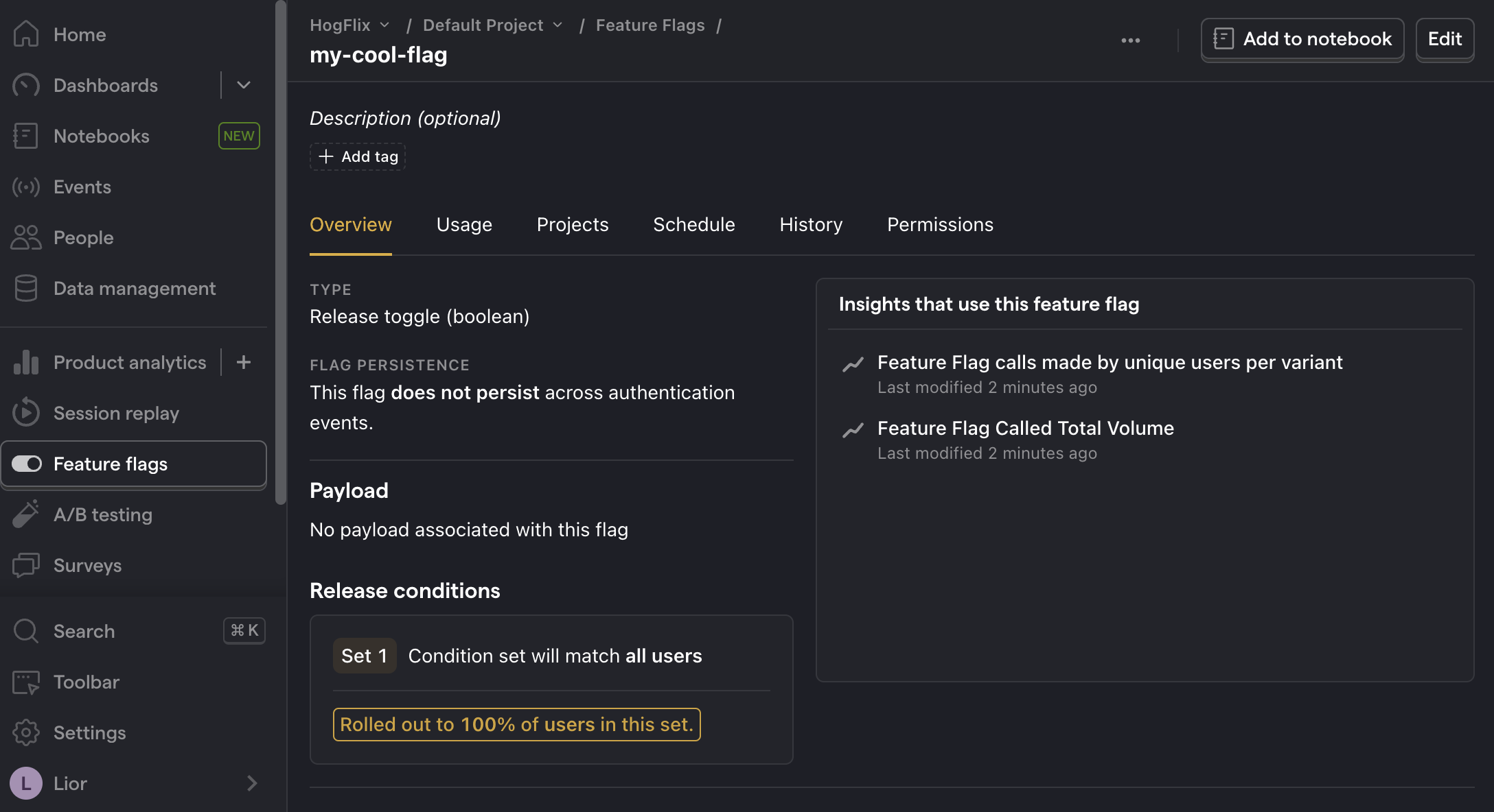 Feature flag created in PostHog