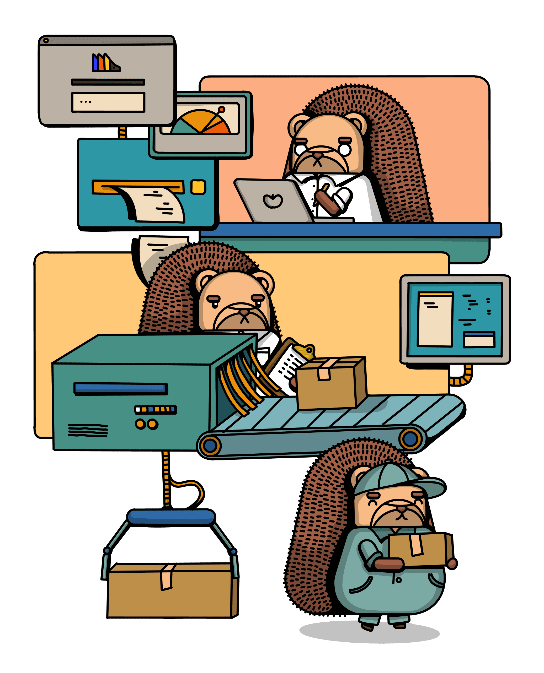 A support team of hedgehogs at their desks