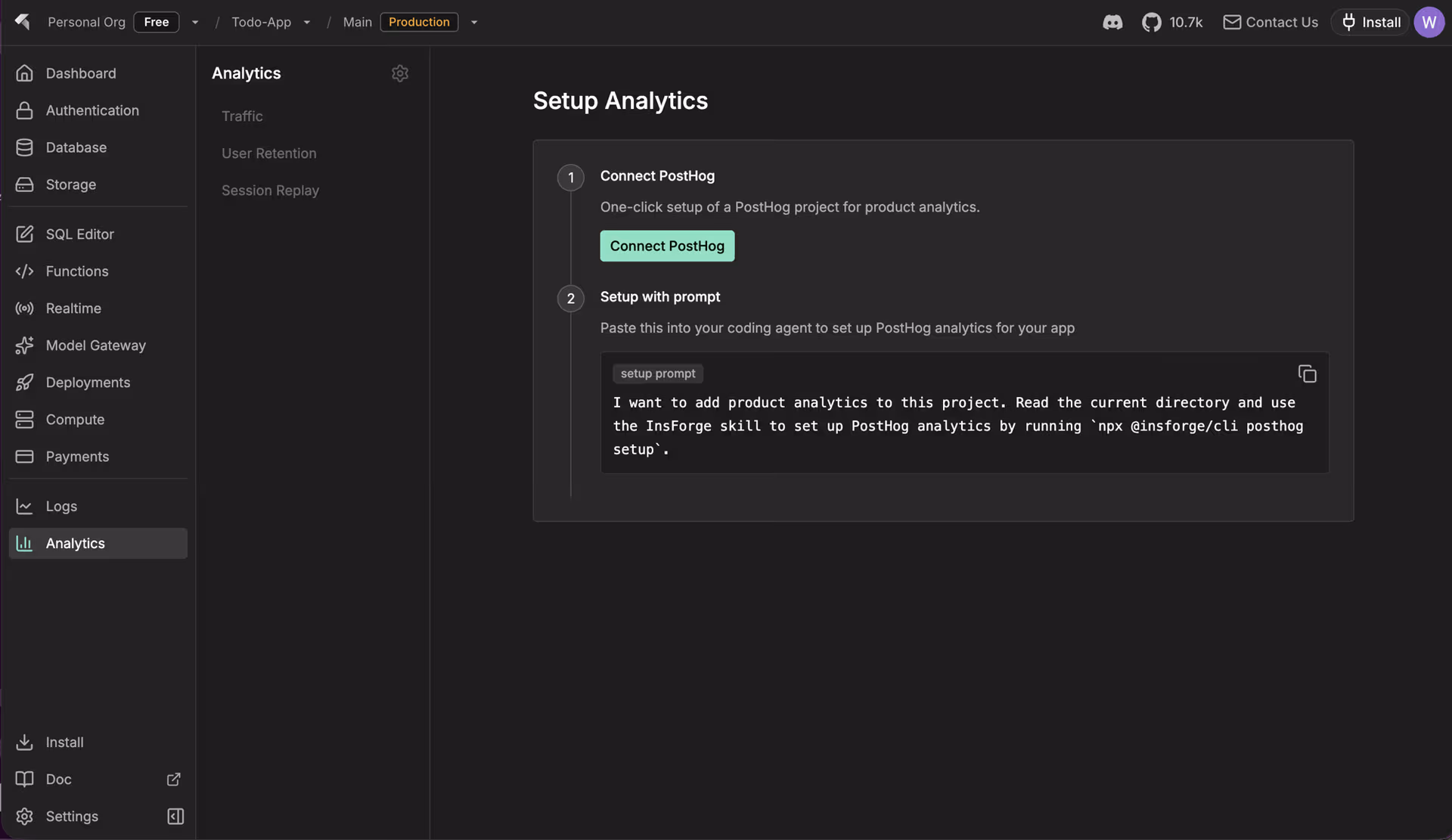 Connect PostHog in the InsForge dashboard