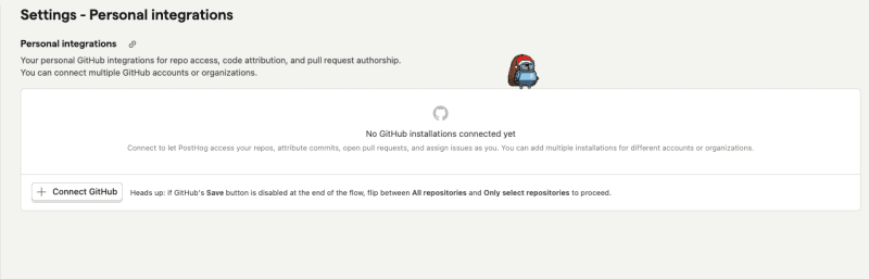 The Personal integrations page in PostHog settings, with the Connect GitHub button