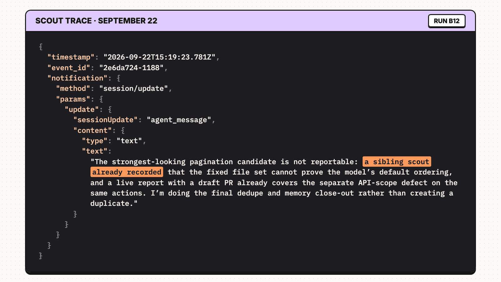 Scout trace showing run B12 reusing a conclusion saved to shared memory by run B4.