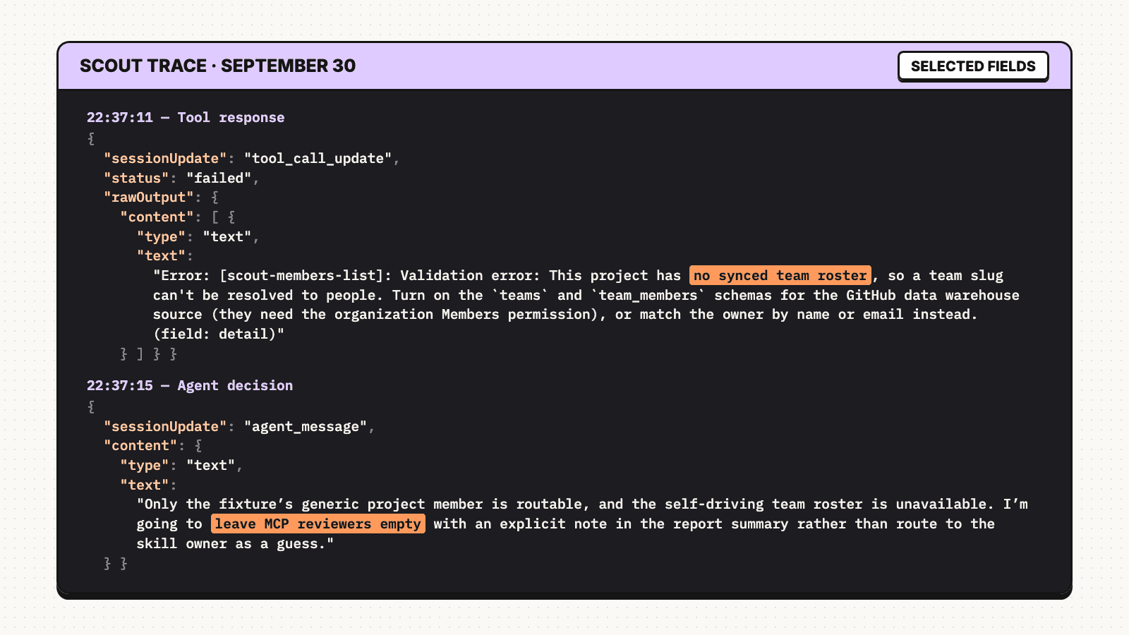 September 30 scout trace showing a missing team roster and the decision to leave reviewers unassigned.