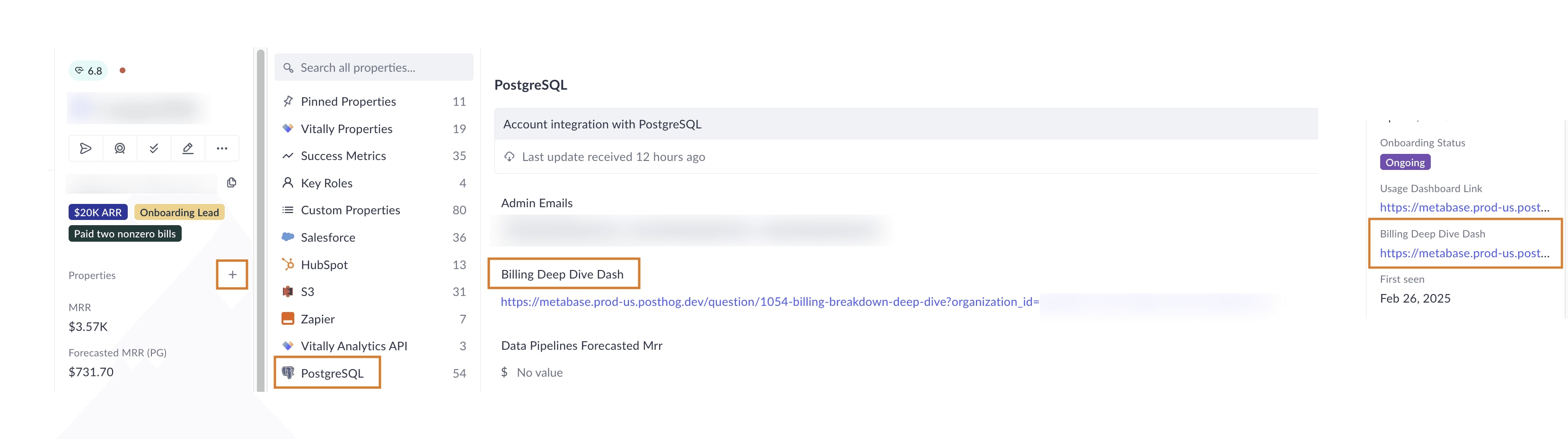 Metabase billing deep dive dashboard from within vitally