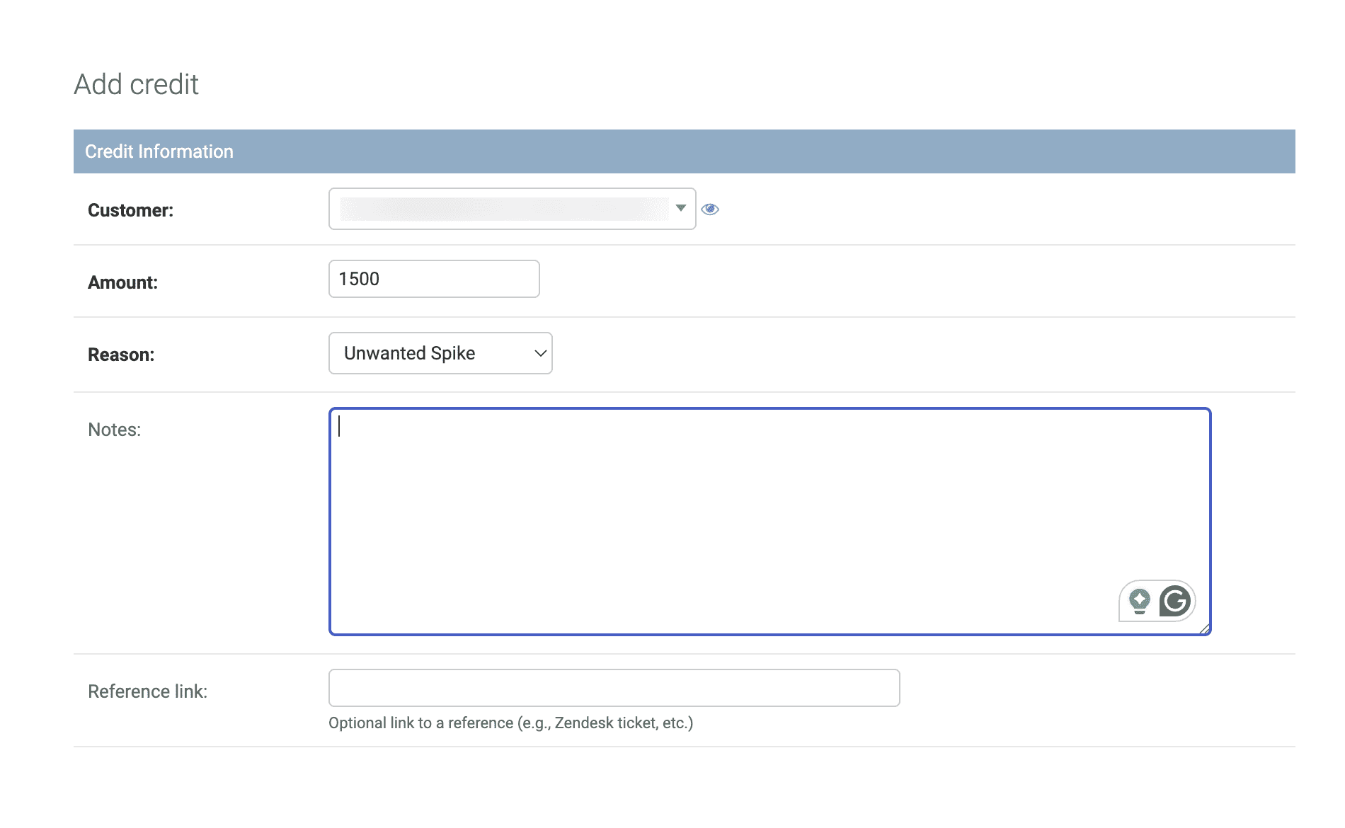 Adding credits in the billing admin
