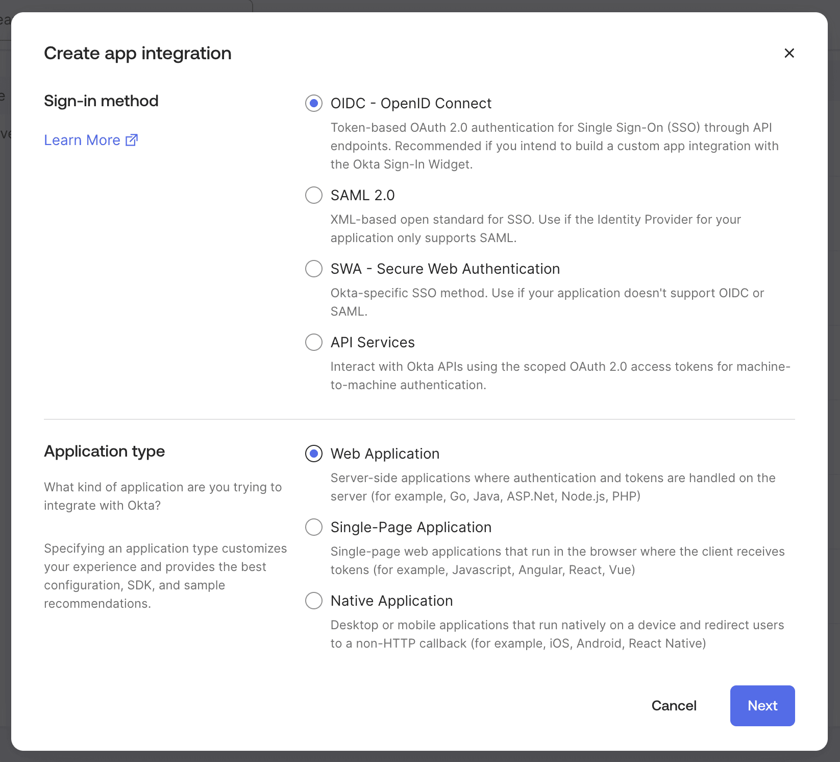 Okta admin UI showing a modal to configure an app integration