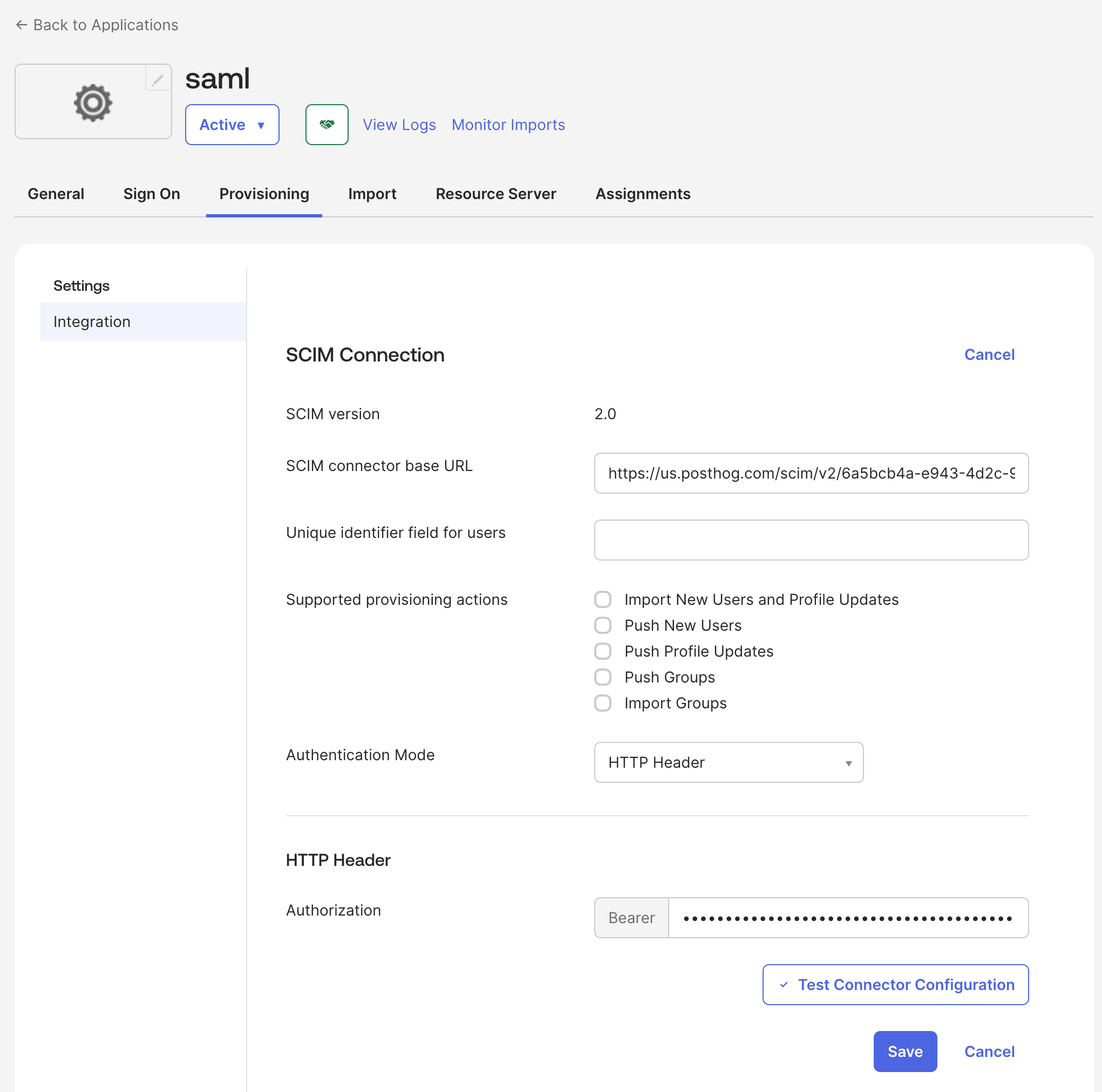Okta SCIM form with Authentication completed