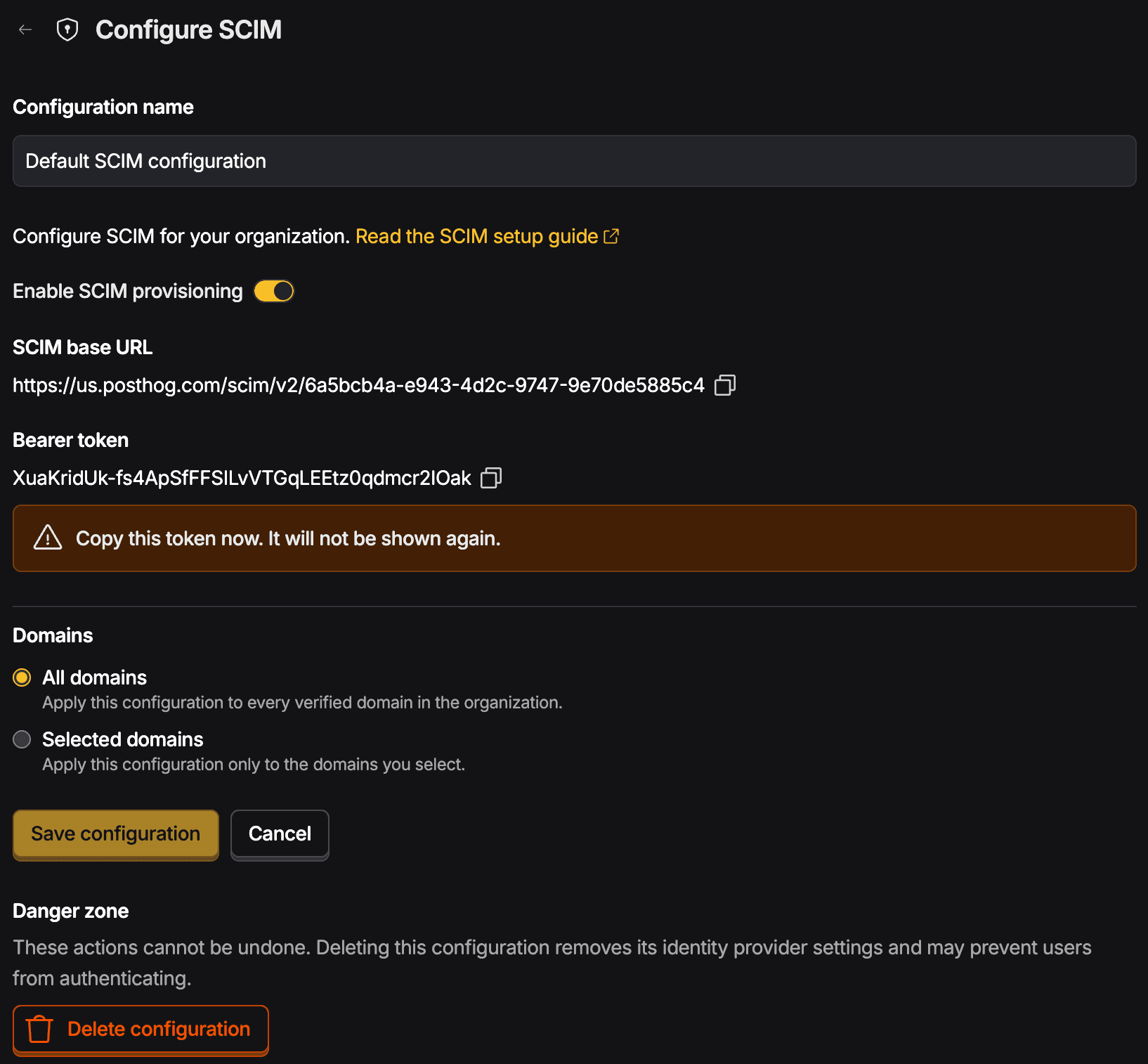 PostHog UI showing SCIM form