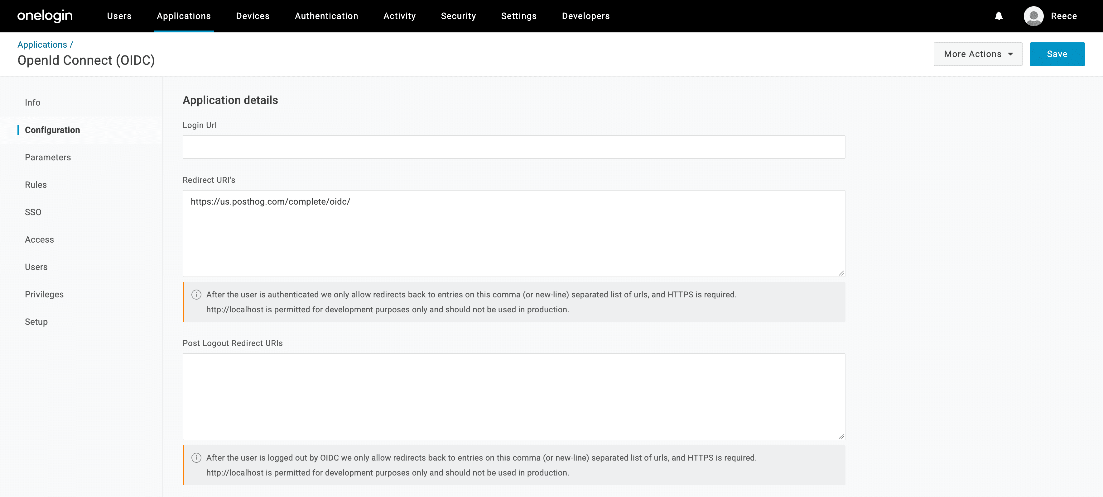 OneLogin admin UI showing OIDC configuration tab