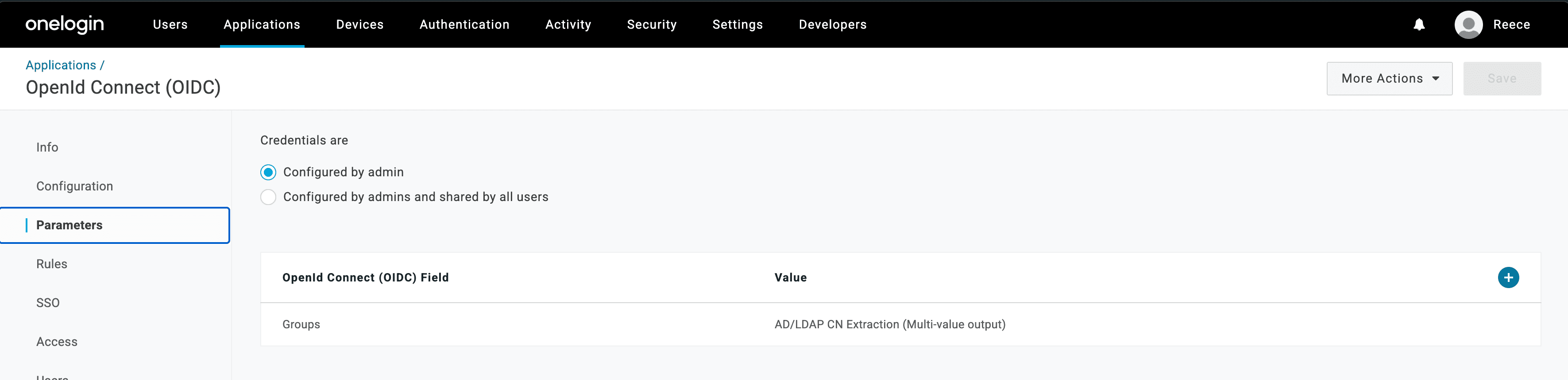 OneLogin admin UI showing OIDC parameters