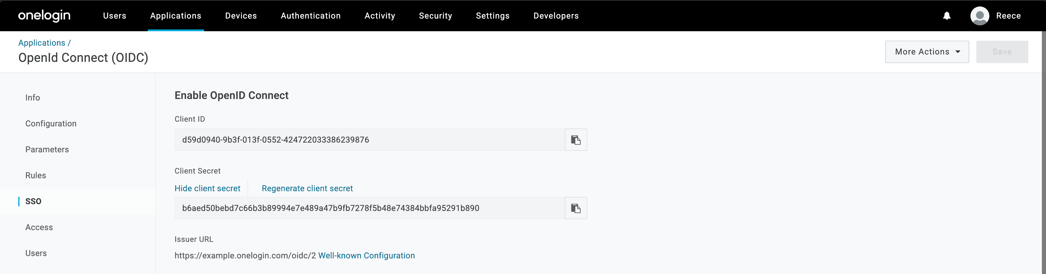 OneLogin admin UI showing OIDC credentials