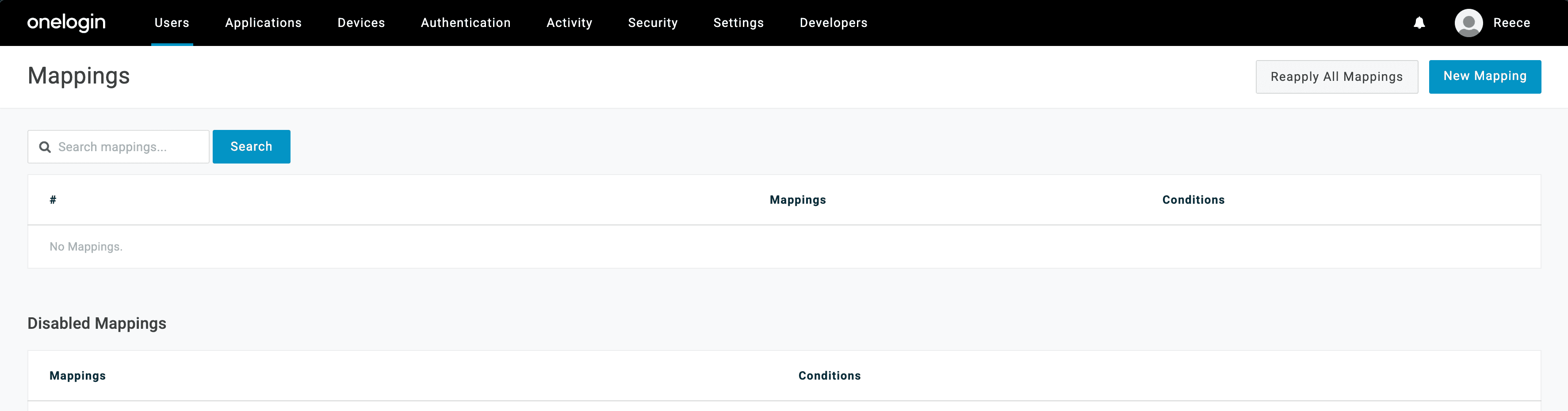 OneLogin admin UI showing user mappings