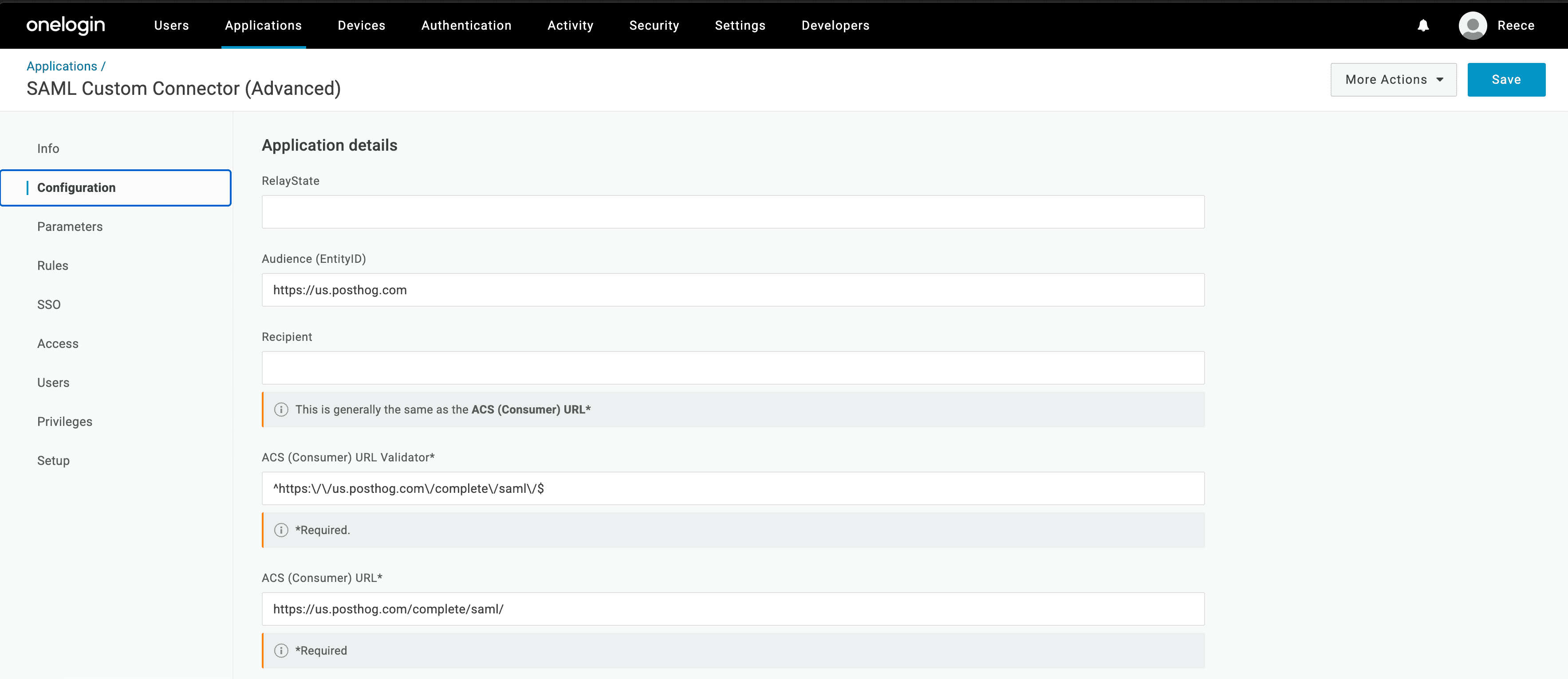 OneLogin admin UI showing configuration details