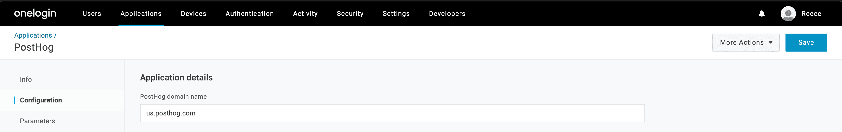 OneLogin admin UI showing a configuration field for the PostHog domain name