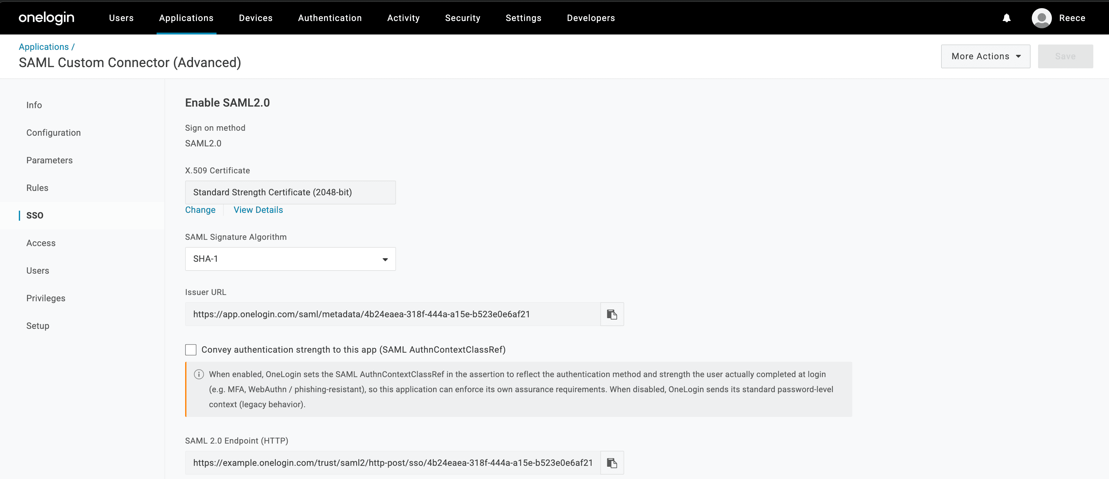 OneLogin admin UI showing sso details