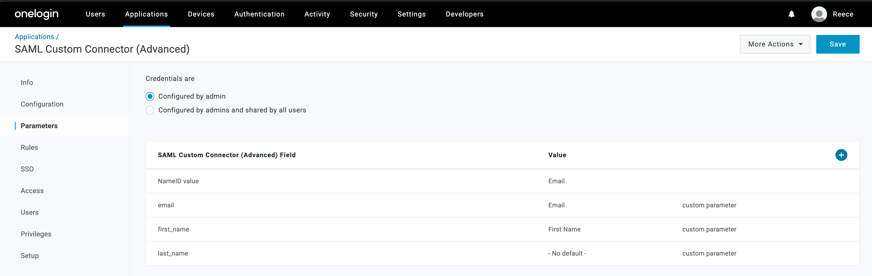OneLogin admin UI showing parameters details
