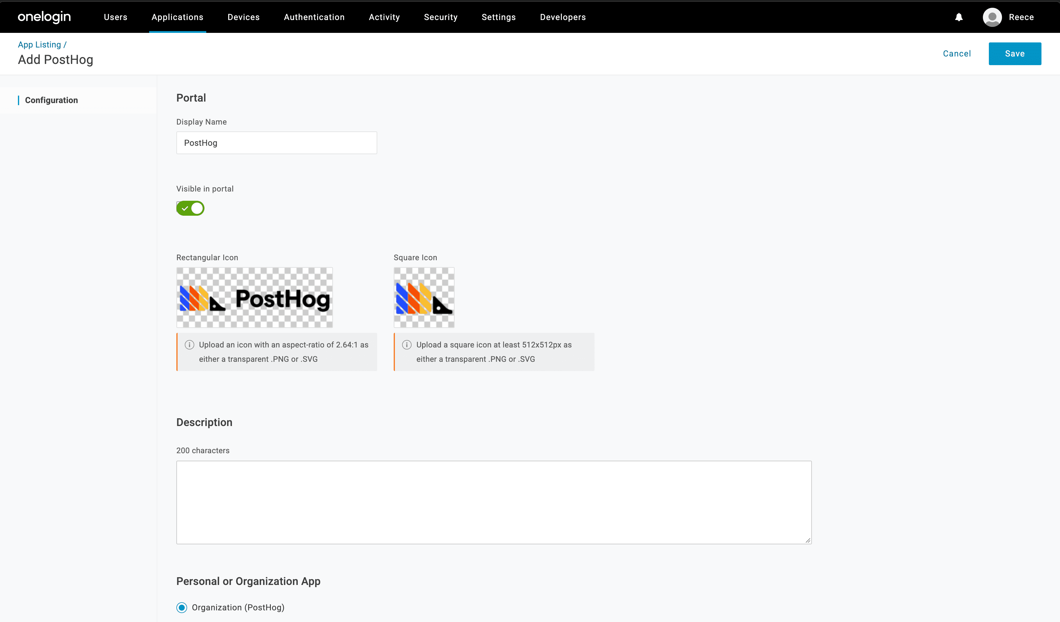 OneLogin admin UI showing PostHog app details