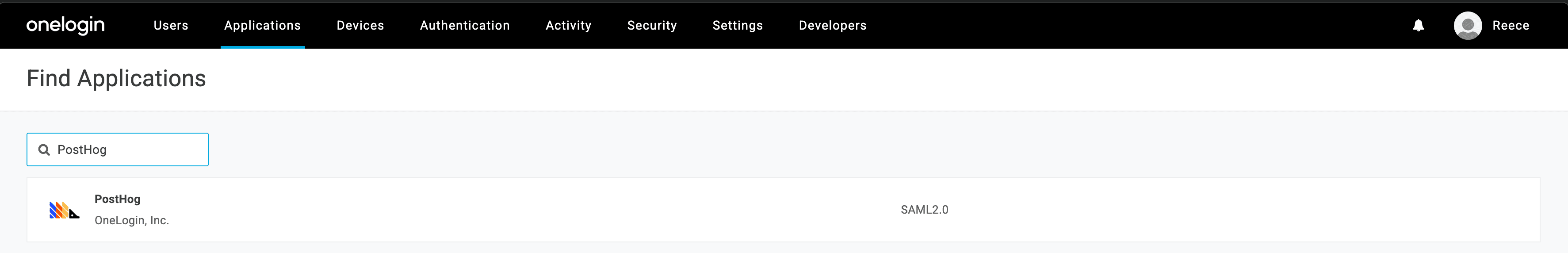 OneLogin admin UI showing application catalog
