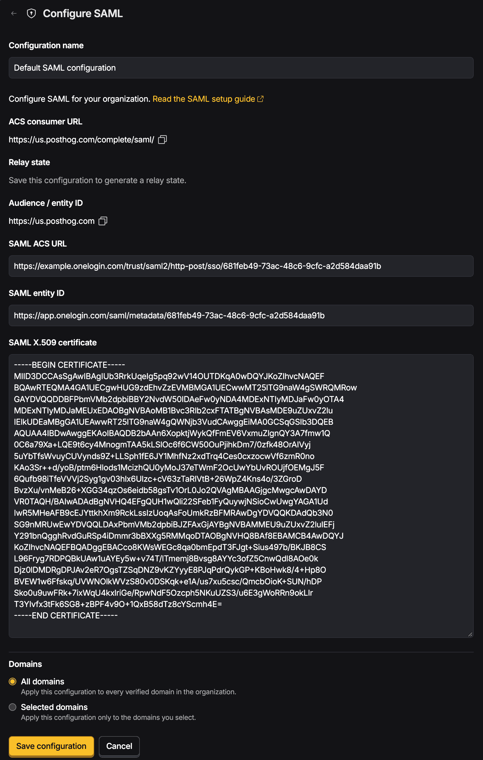 PostHog UI showing SAML configuration