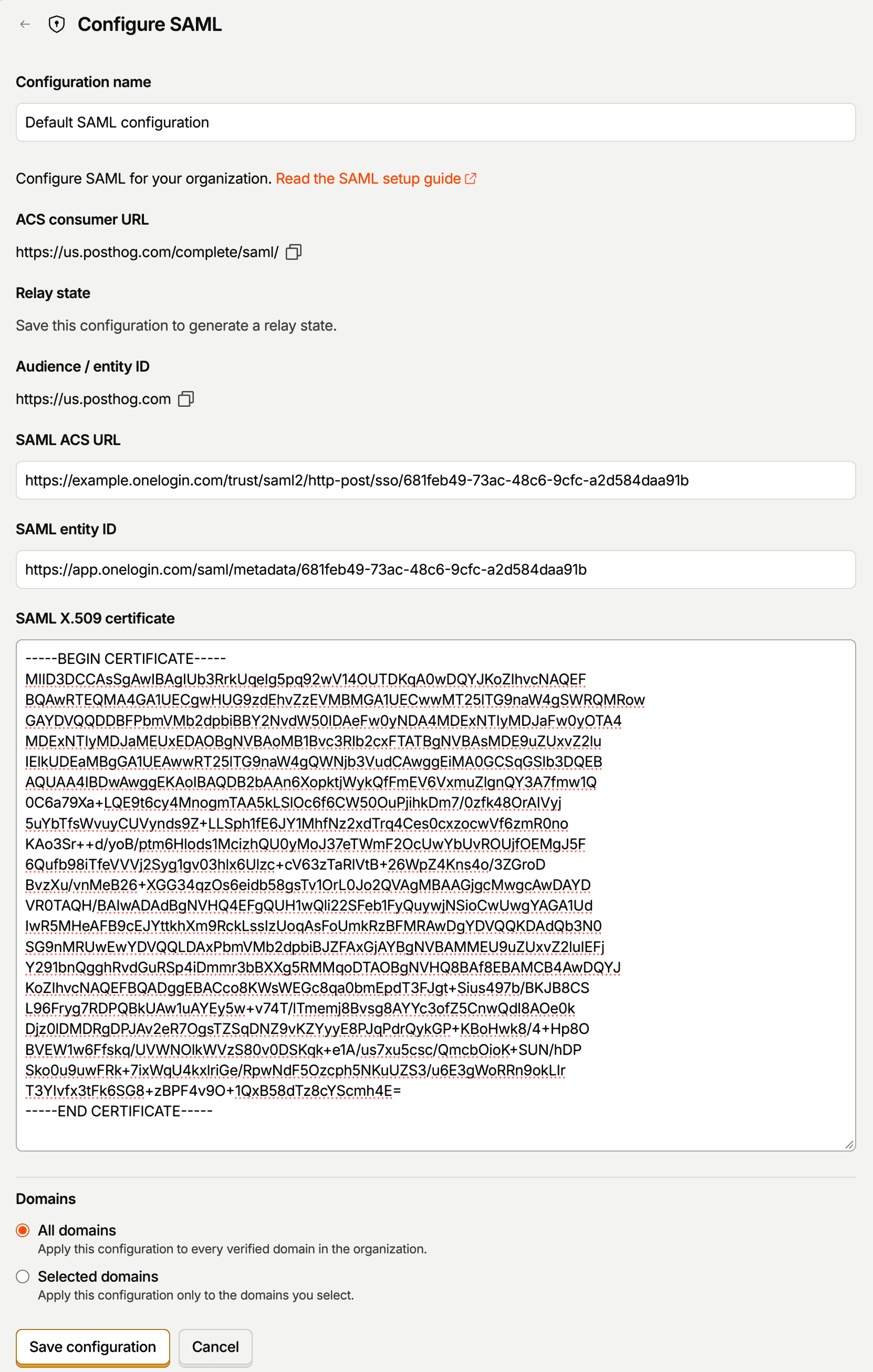 PostHog UI showing SAML configuration