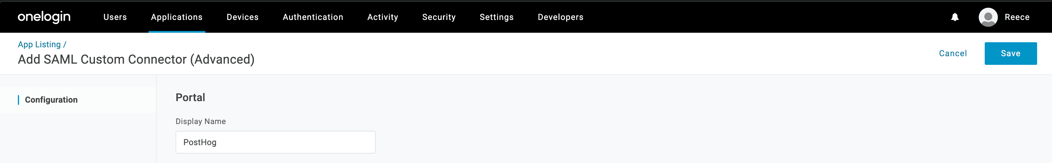OneLogin admin UI showing application details form