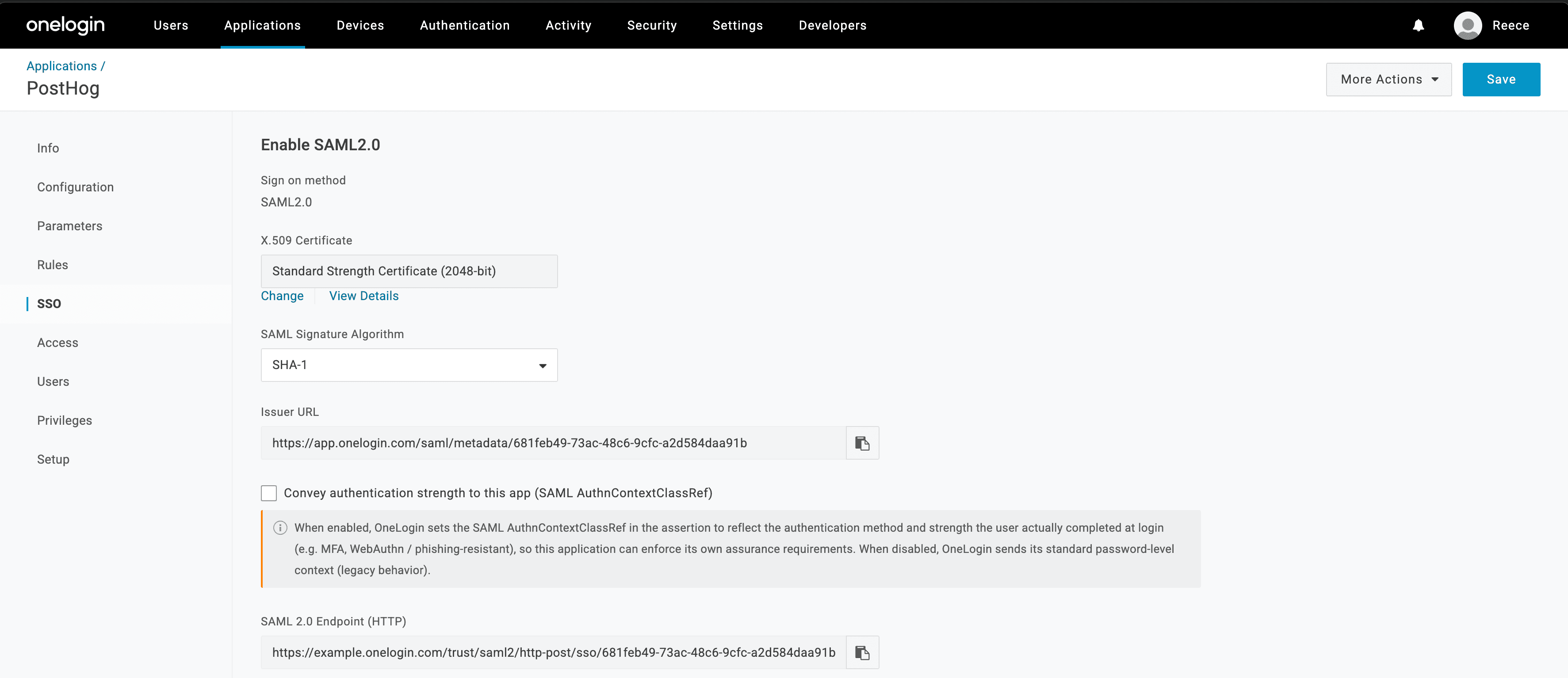 OneLogin admin UI showing SSO settings for the application