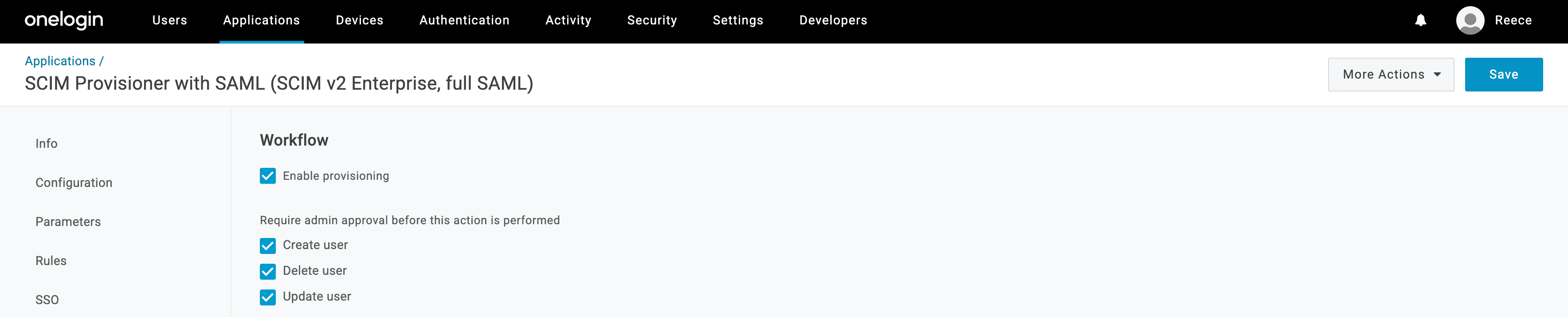 OneLogin admin UI showing SCIM provisioning form