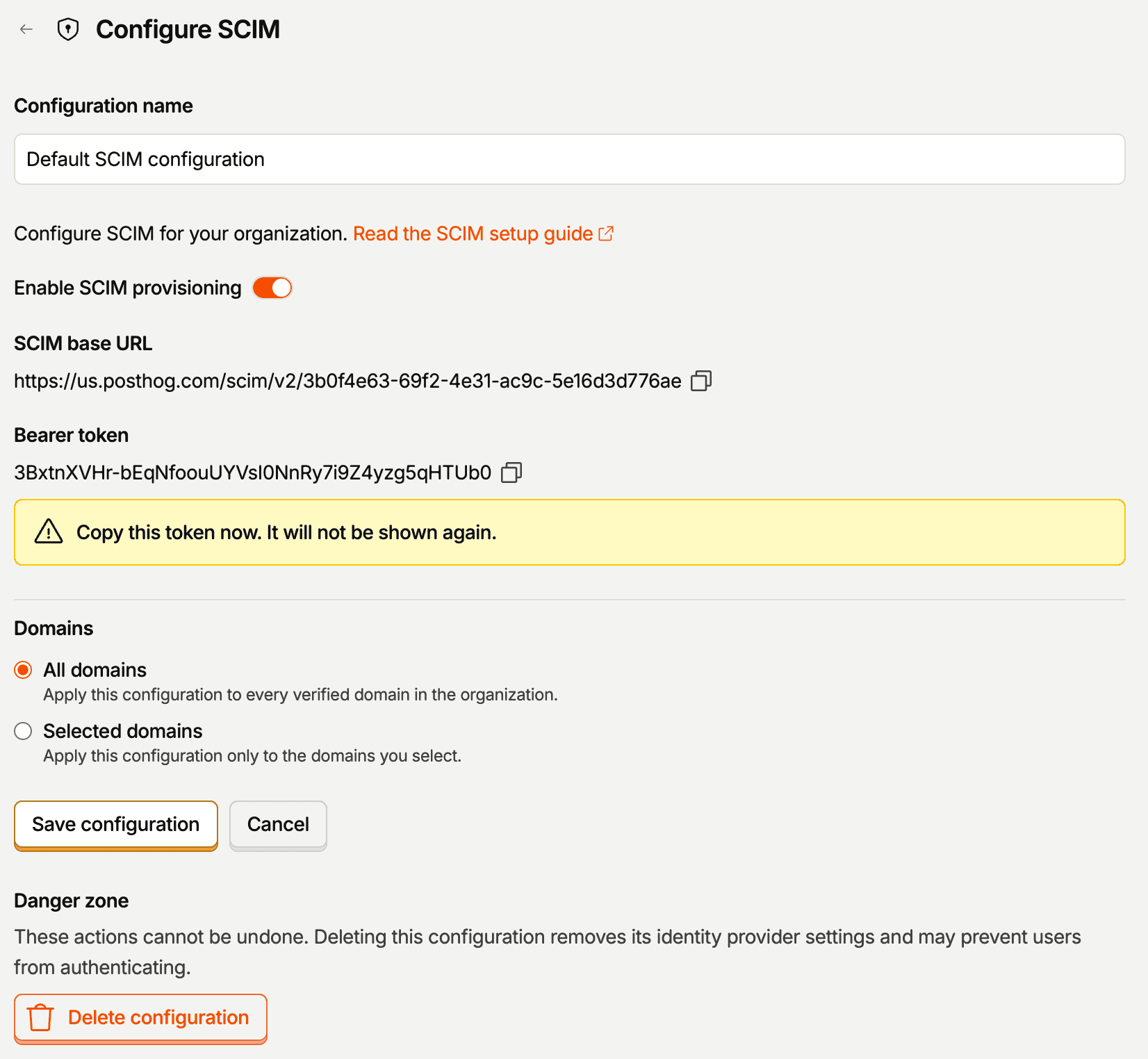 PostHog UI showing SCIM form