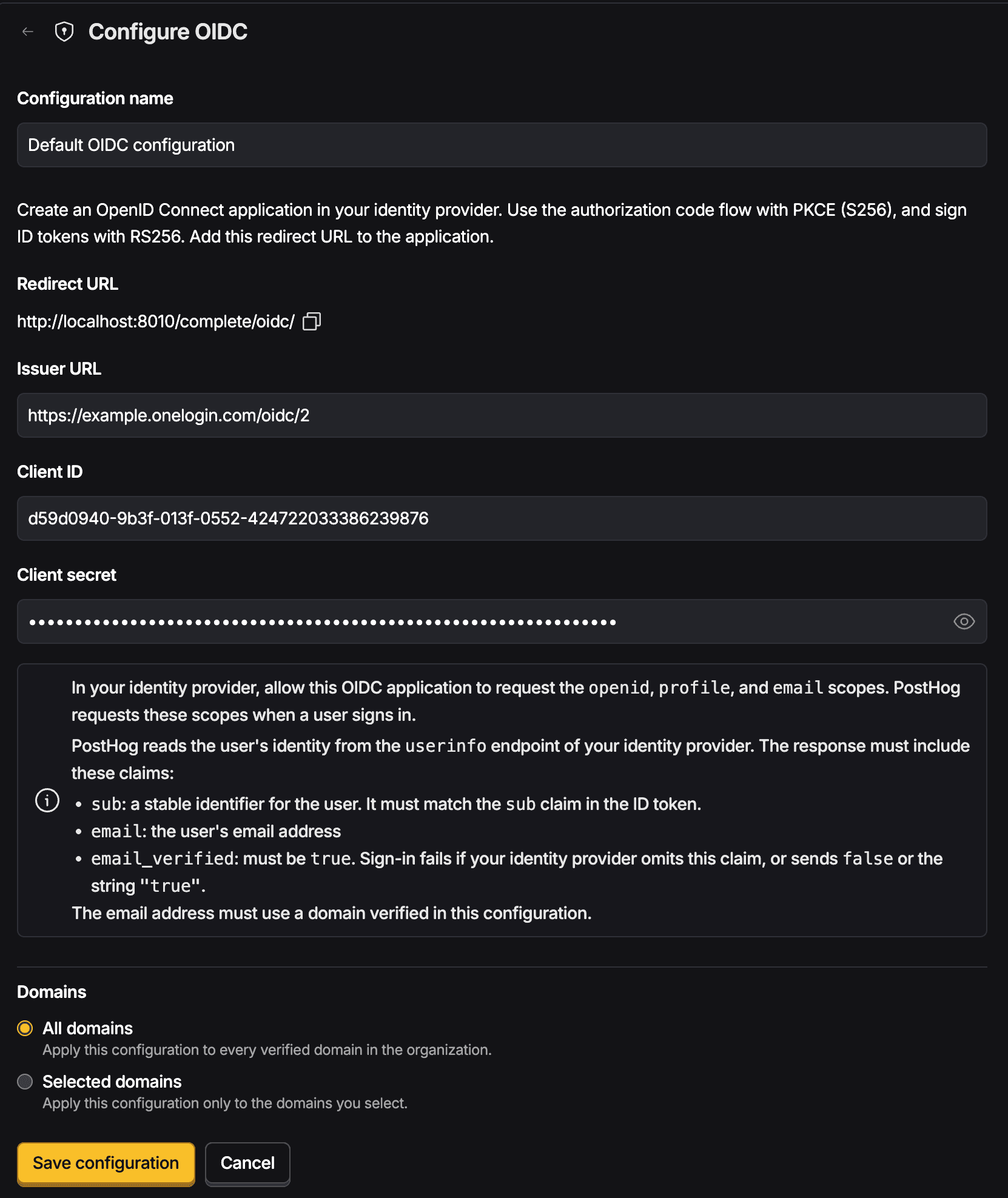 PostHog UI showing OIDC configuration