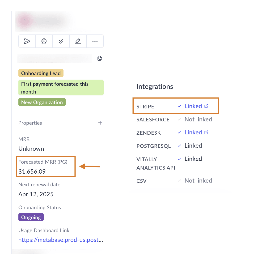 Vitally forecasted MRR and Stripe links