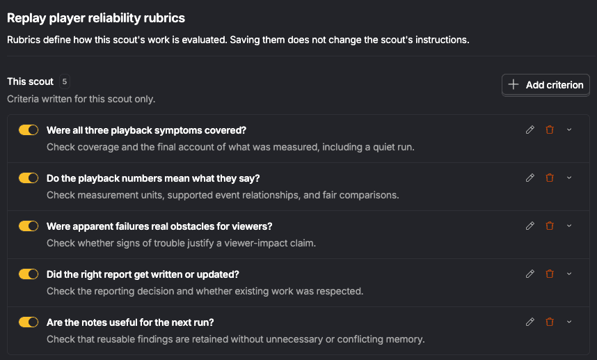 Replay player reliability rubrics