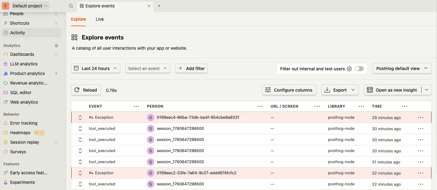 MCP analytics PostHog events
