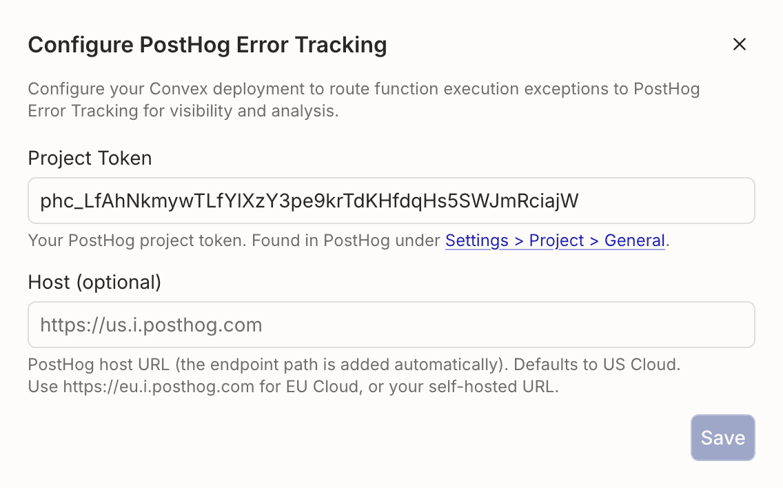 Convex dashboard PostHog Error Tracking configuration form