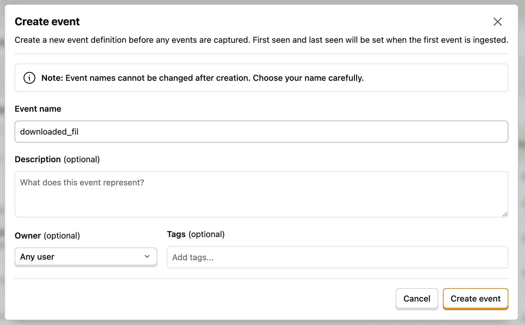 Creating a new event definition