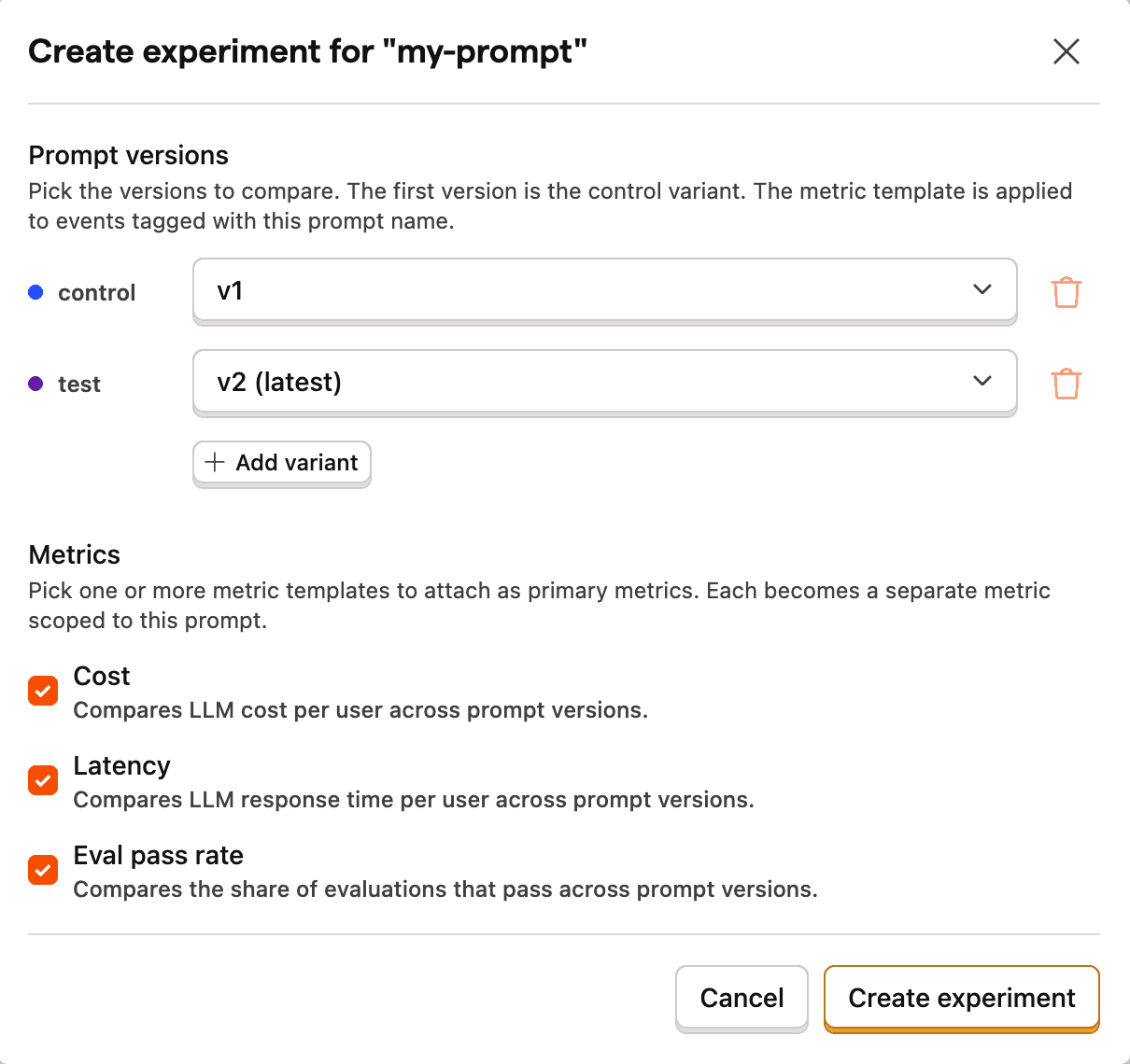 Create experiment modal with two prompt versions and three metric templates selected