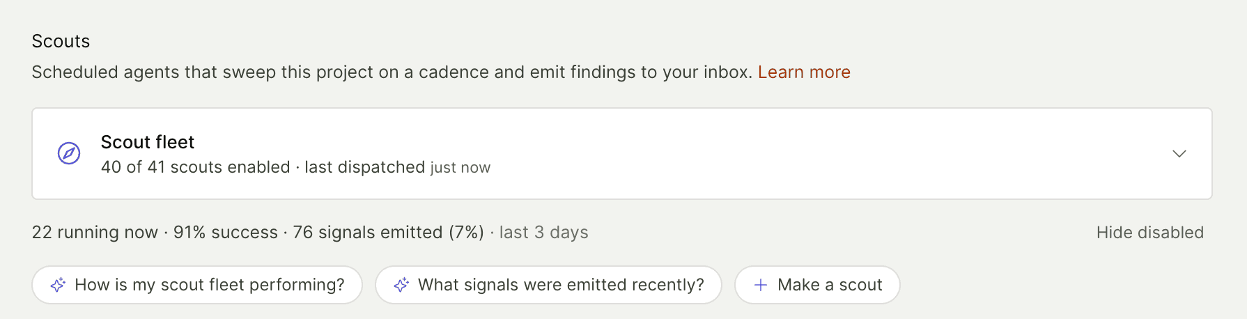 The scouts page in PostHog Code, with suggested questions for exploring and making scouts