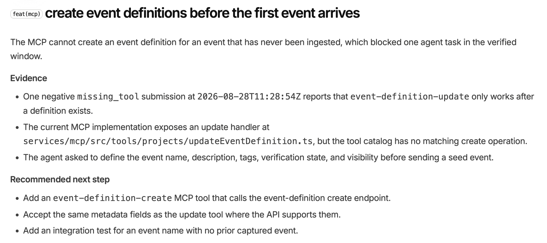 The agent-feedback report identifies the missing event-definition-create tool and recommends a fix.