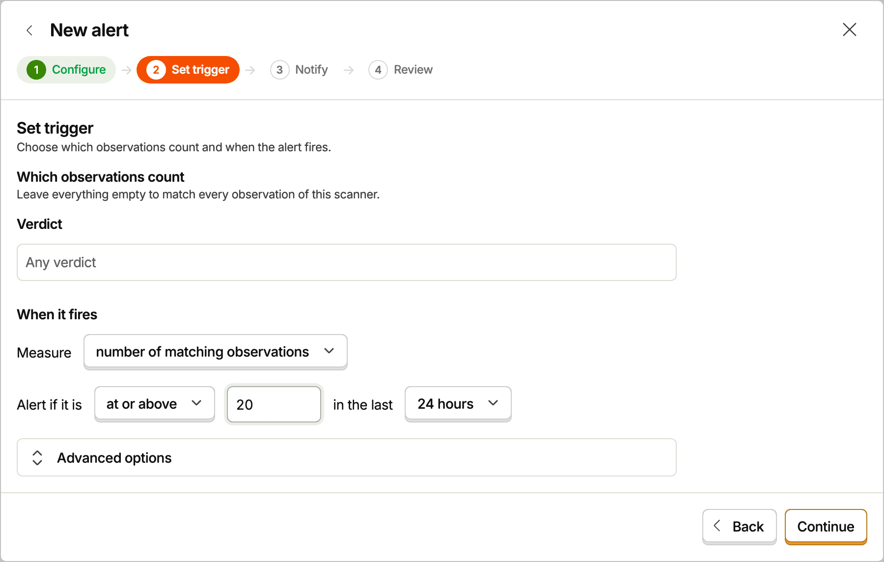 The Set trigger step of the new alert form, with the observation filter, measure, threshold, and window