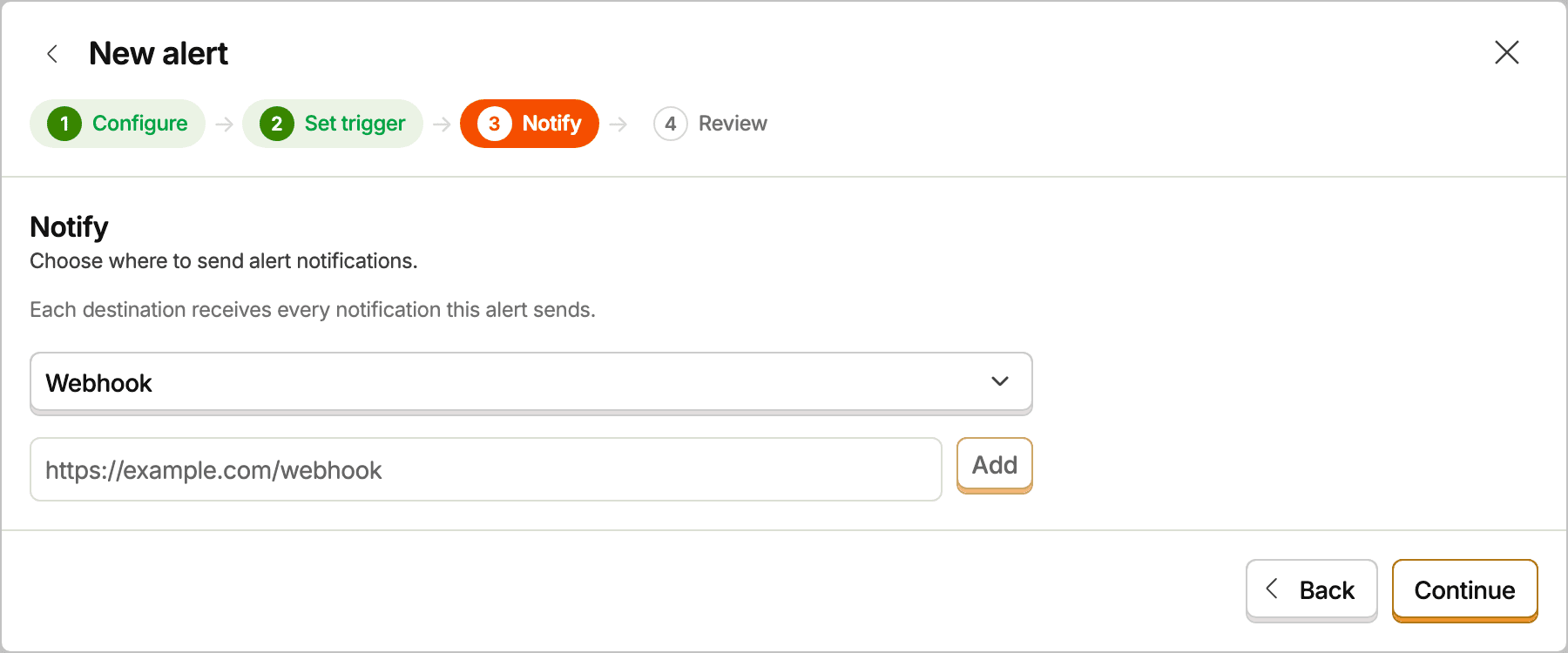 The Notify step of the new alert form, adding a webhook destination