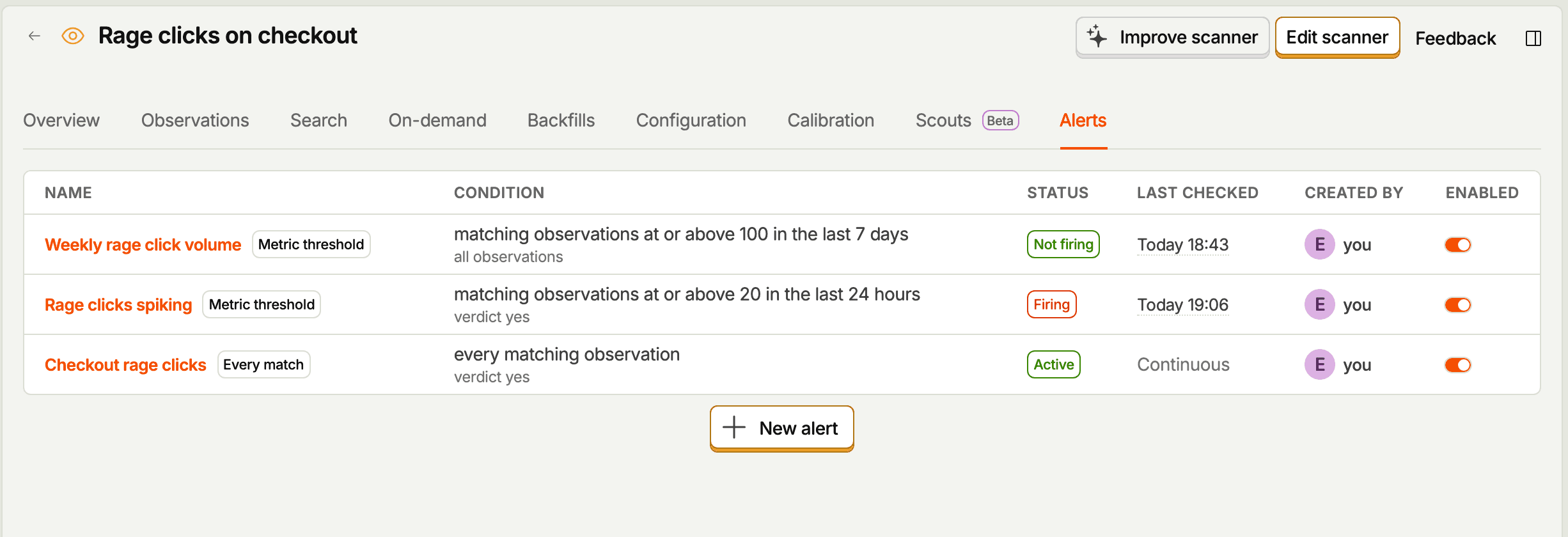 The Alerts tab on a scanner, listing three alerts with their conditions, states, and last check