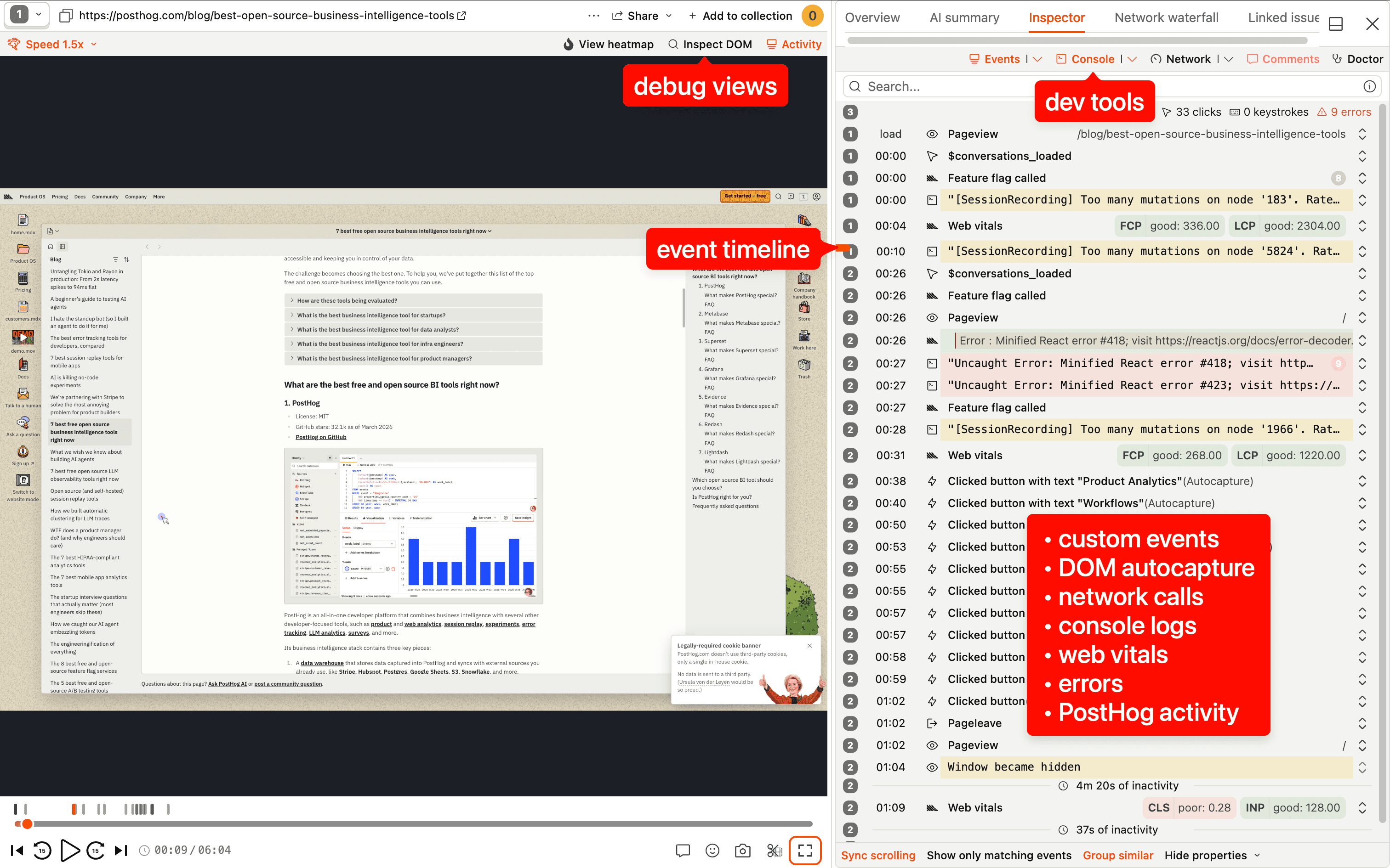Session replay activity panel