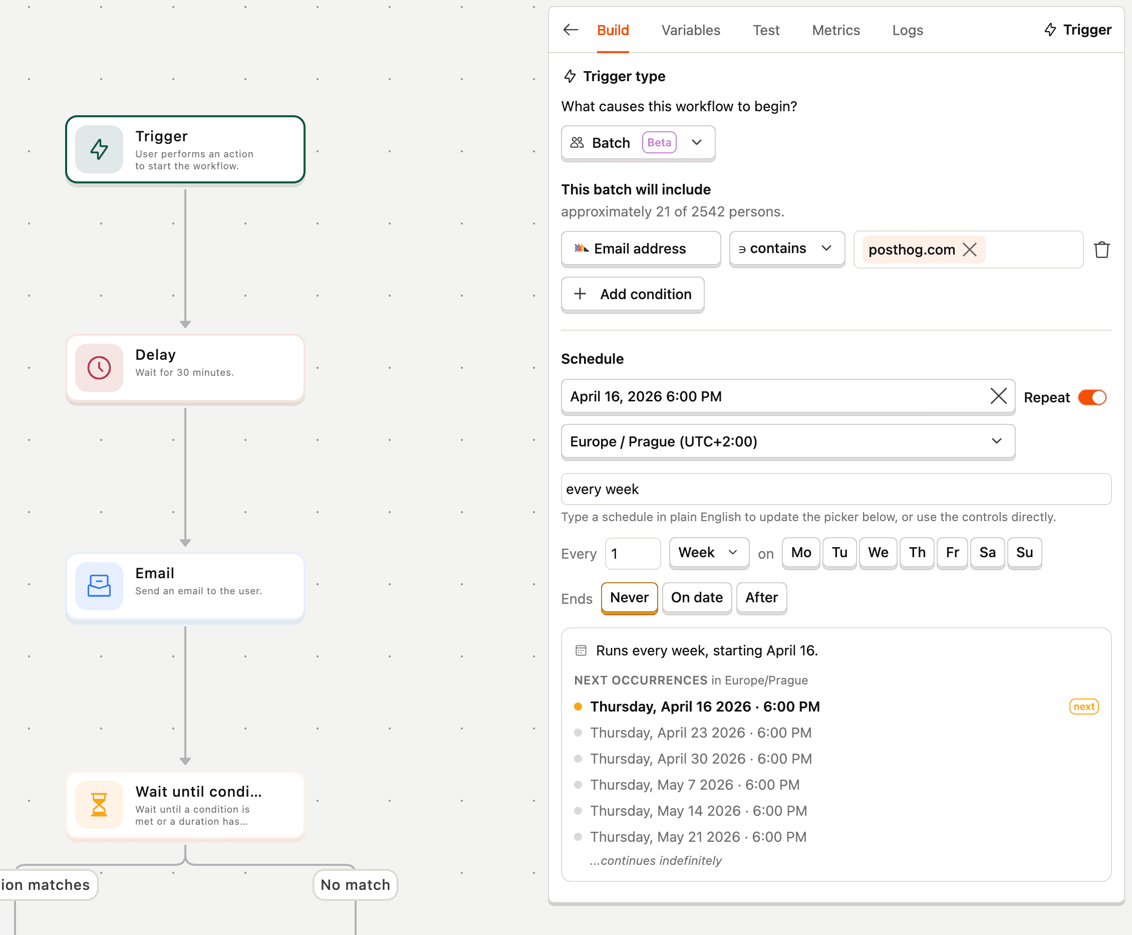 Schedule recurring workflows in the PostHog app
