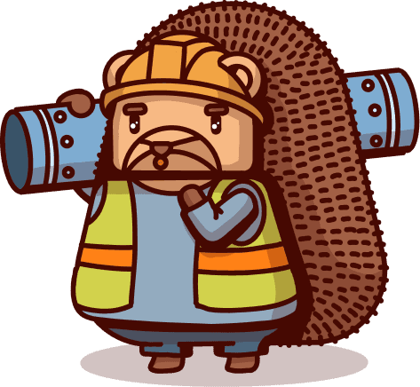 A construction hedgehog carrying a pipe