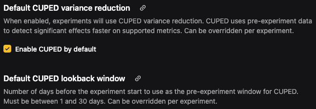 Project settings showing the default CUPED variance reduction configuration